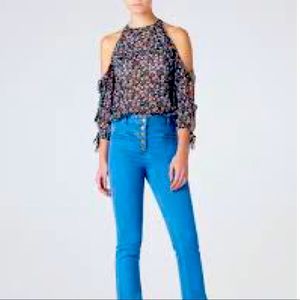 Veronica Beard Blue Flynn Bow Cold Shoulder Floral Blouse